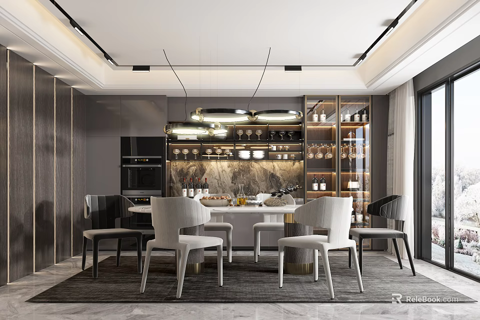 Elegant Modern Restaurant Interior Design With Dining Table Chairs Pendant Lights And Wine Racks 3d model 
