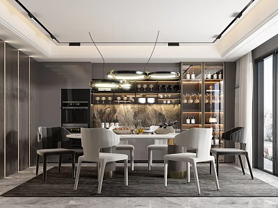 Elegant Modern Restaurant Interior Design With Dining Table Chairs Pendant Lights And Wine Racks 3d model