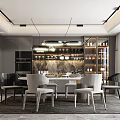 Elegant Modern Restaurant Interior Design With Dining Table Chairs Pendant Lights And Wine Racks