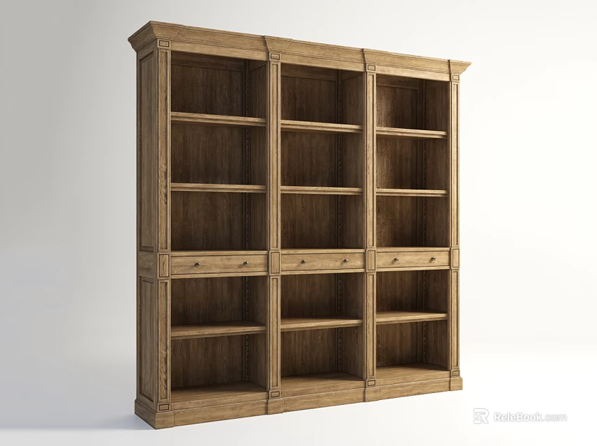 Wooden Storage Cabinet with Multiple Open Shelves and Bottom Drawers Classic Design for Home Organization 3d model 