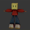 3D Cartoon Character With Yellow Cube Head Smiling Face Red Shirt Blue Pants White Shoes
