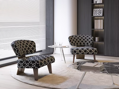 Geometric Patterned Accent Chairs In Modern Living Room With Window Blinds Side Table And Bookshelf 3d model