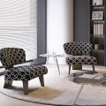 Geometric Patterned Accent Chairs In Modern Living Room With Window Blinds Side Table And Bookshelf