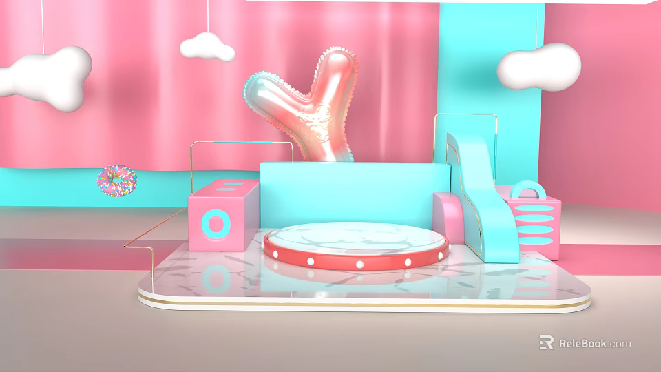 Colorful Playful Scene With Pink Blue Background Cloud Decorations Heart Balloon Round Platform And Slide 3d model 