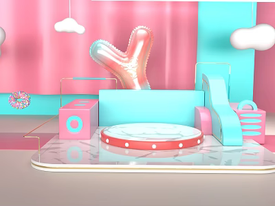 Colorful Playful Scene With Pink Blue Background Cloud Decorations Heart Balloon Round Platform And Slide 3d model