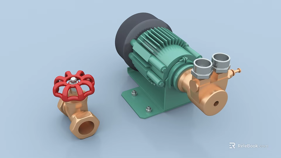 Industrial Equipment Including Red Handwheel Valve and Green Electric Motor Pump with Metal Components 3d model 