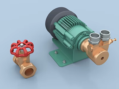 Industrial Equipment Including Red Handwheel Valve and Green Electric Motor Pump with Metal Components 3d model