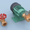 Industrial Equipment Including Red Handwheel Valve and Green Electric Motor Pump with Metal Components