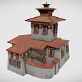 Traditional Architecture Model With Red Roof Gray Walls And Multi Level Tower Structure