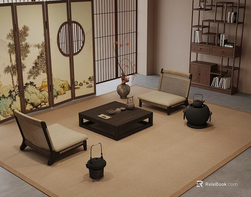 Japanese Interior With Tatami Rug Wooden Floral Screen Woven Chairs And Tea Table 3d model 