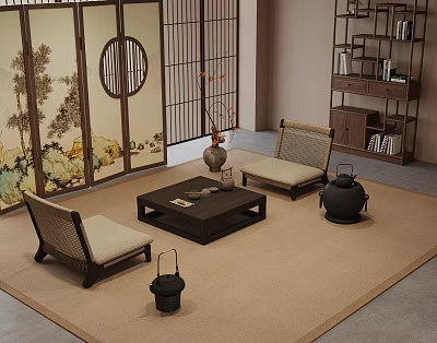Japanese Interior With Tatami Rug Wooden Floral Screen Woven Chairs And Tea Table 3d model