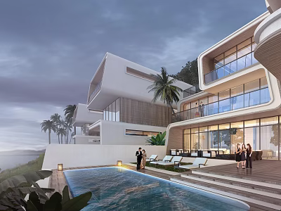 Luxury Seaside Villa Modern Architecture Infinity Pool Palm Trees Terrace People Enjoying View 3d model
