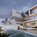 Luxury Seaside Villa Modern Architecture Infinity Pool Palm Trees Terrace People Enjoying View