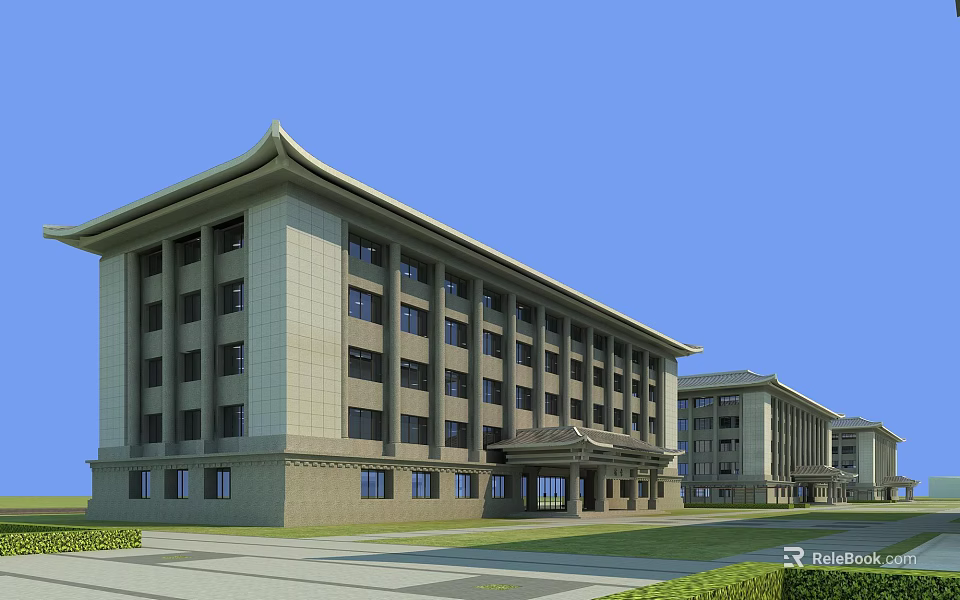 Traditional Style Multi Story School Building With Lawn Front And Modern Windows 3d model 