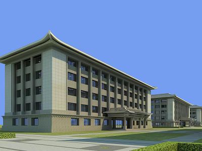 Traditional Style Multi Story School Building With Lawn Front And Modern Windows 3d model