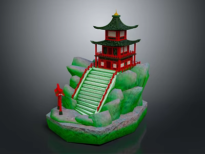 Cartoon Scene With Red Pagoda Green Roof Golden Spire Green Rock Stairs And Red Lantern 3d model