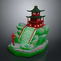Cartoon Scene With Red Pagoda Green Roof Golden Spire Green Rock Stairs And Red Lantern