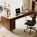 Modern Wooden Desk Workspace With Laptop Lamp Office Chair Green Plant Bookshelf Window And Rug