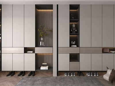 Modern Shoe Cabinet Interior Design With Open Closed Compartments Decorative Plant And Shoes 3d model
