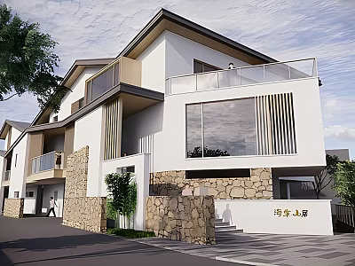 Modern Guesthouse Building With White Exterior Stone Walls Large Windows And Balconies 3d model