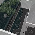Modern Garden Landscape With Water Curtain Stone Wall Trees And Courtyard Seats