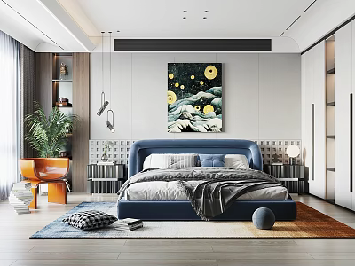 Modern Bedroom Interior Design With Blue Headboard Wall Art White Wardrobes And Orange Chair 3d model
