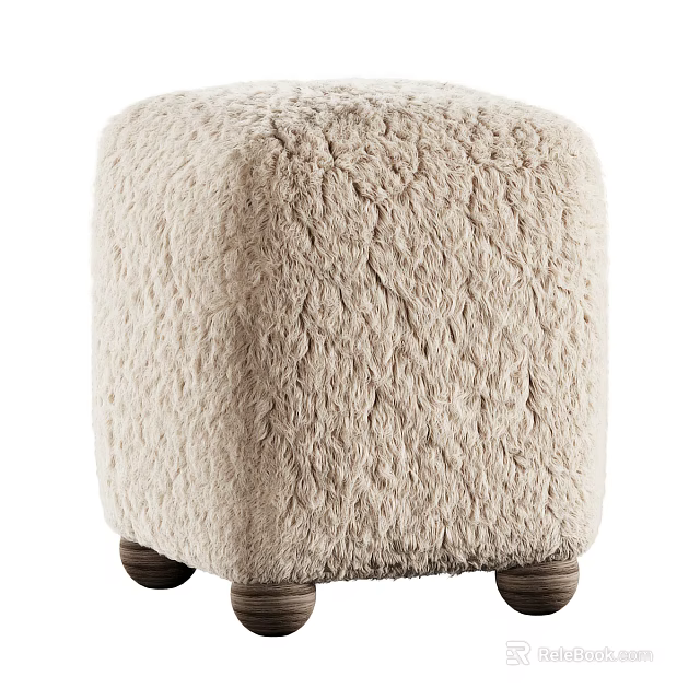Cozy Square Beige Fluffy Stool With Soft Plush Fabric And Wooden Legs 3d model 