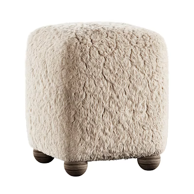 Cozy Square Beige Fluffy Stool With Soft Plush Fabric And Wooden Legs 3d model