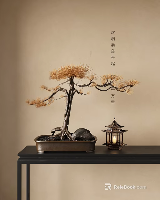 Bonsai Pine Tree with Exposed Roots Decorative Stone Traditional Lantern on Black Table Neutral Background 3d model