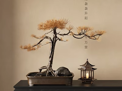 Bonsai Pine Tree with Exposed Roots Decorative Stone Traditional Lantern on Black Table Neutral Background 3d model