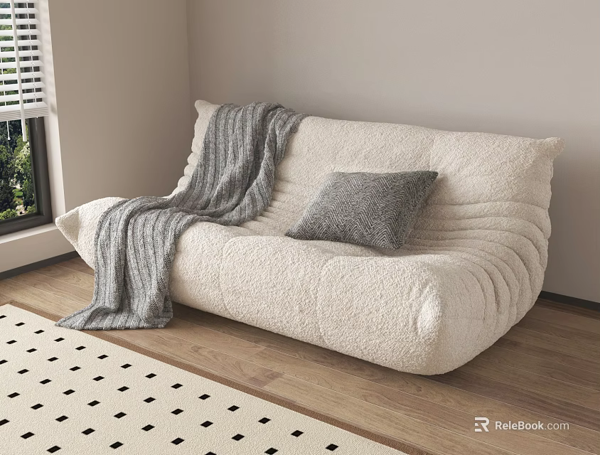 Beige Two Seater Sofa with Gray Blanket Pillow Wooden Floor Window and Black White Checkered Rug 3d model 