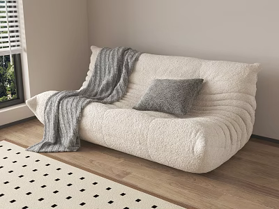 Beige Two Seater Sofa with Gray Blanket Pillow Wooden Floor Window and Black White Checkered Rug 3d model