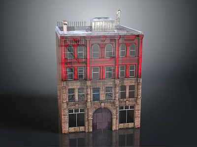 Red and Brown Building Model with Multiple Windows Arched Door and Roof Terrace Structure 3d model
