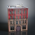 Red and Brown Building Model with Multiple Windows Arched Door and Roof Terrace Structure