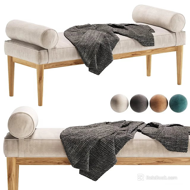 Modern Bed Bench With Wooden Legs Beige Padded Seat Gray Blanket And Colorful Cushions 3d model 