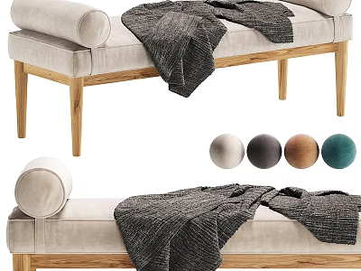 Modern Bed Bench With Wooden Legs Beige Padded Seat Gray Blanket And Colorful Cushions 3d model