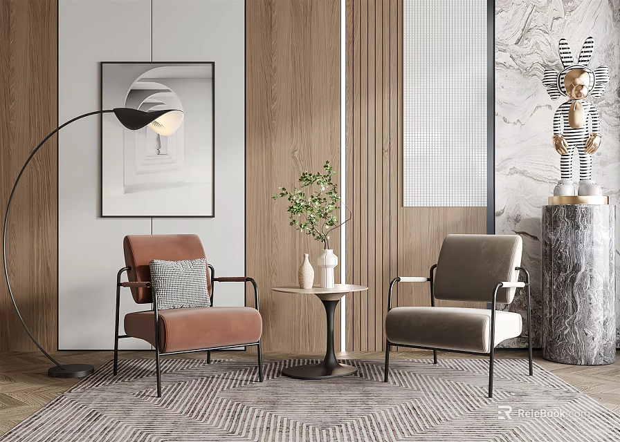 Casual Sofa Set Interior Design With Pink Gray Chairs Small Table Green Plant Wooden Wall 3d model 