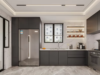 Modern Kitchen Interior With Dark Gray Cabinets Marble Countertop And Stainless Steel Refrigerator 3d model