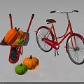 Red Bicycle with Wheelbarrow and Colorful Pumpkins on Black Surface