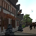 Ancient Architecture Night View With Full Moon Stone Lions And People Walking On Street