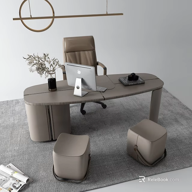 Modern Office Desk Setup With Leather Chair Laptop Vase Coffee Cup And Stools 3d model 