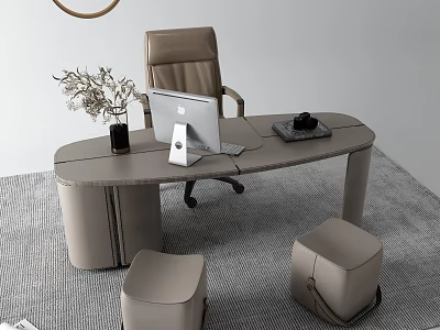 Modern Office Desk Setup With Leather Chair Laptop Vase Coffee Cup And Stools 3d model