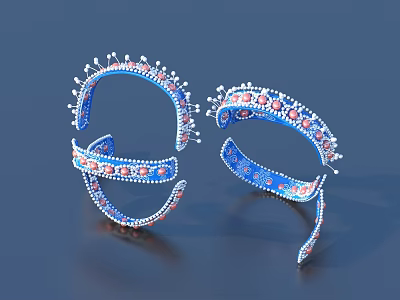 Elegant Pair of Blue Tiara Hair Accessories with Pink White Beads and Silver Spikes 3d model