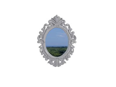 Ornate Silver Oval Mirror with Decorative Frame Reflecting Blue Sky and Green Landscape 3d model