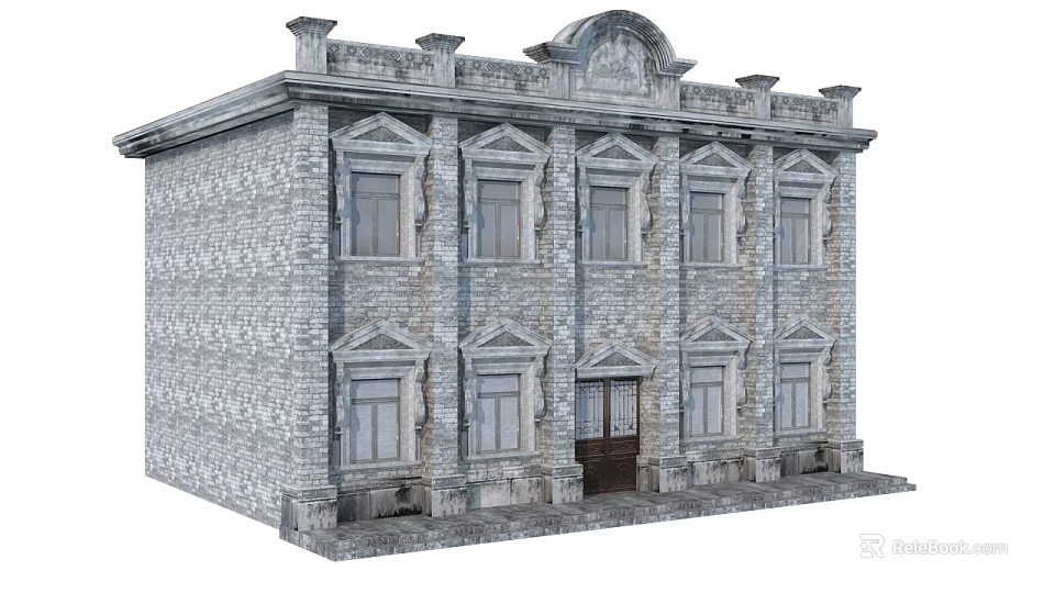 Classical Stone Brick Commercial Complex With Ornate Top And Multiple Windows 3d model