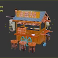 Mobile Commercial Takoyaki Food Cart With Blue Roof Orange Structure And Stools