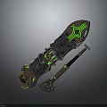 Skateboard Equipment Featuring Unique Design Green Accents And Mechanical Details On Deck And Wheels