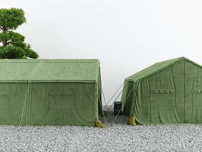 Two Green Outdoor Tents Setup In Open Area On Gravel Ground With Pine Tree 3d model