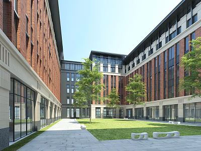 Modern School Building Courtyard With Red Brick Facades Glass Walls Green Lawn Trees And Benches 3d model