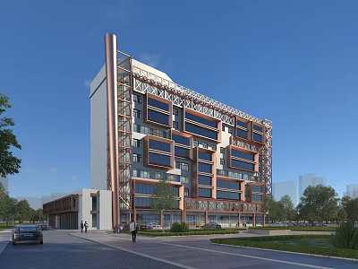 Contemporary Office Building Featuring Glass Curtain Walls Metal Framework And Roadside Landscaping 3d model
